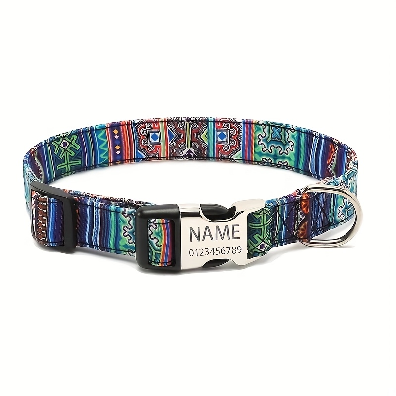TEMU 1pc Custom Engraved Bohemian Dog Collar Adjustable Polyester Pet Collar Semi-metal Personalized Name Contact Id Tag Anti-lost For Small Medium