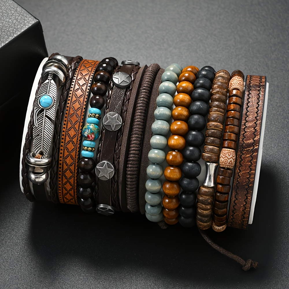E-shop Herren-Armband-Set im Boho-Stil, 11-teilig, stapelbare Armreifen, mehrschichtige Holzperlen- Feder-Armbänder