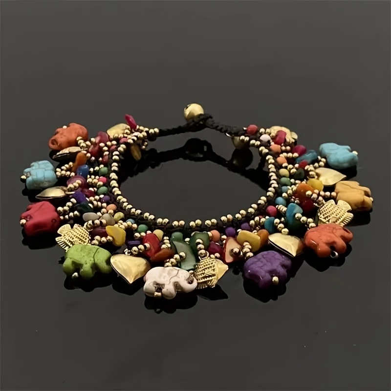 TEMU 1pc Bohemian Ethnic-style Bracelet, Using Materials, Featuring Turquoise Elements And Waxed Thread, Complemented By An Elephant-shaped Bracelet