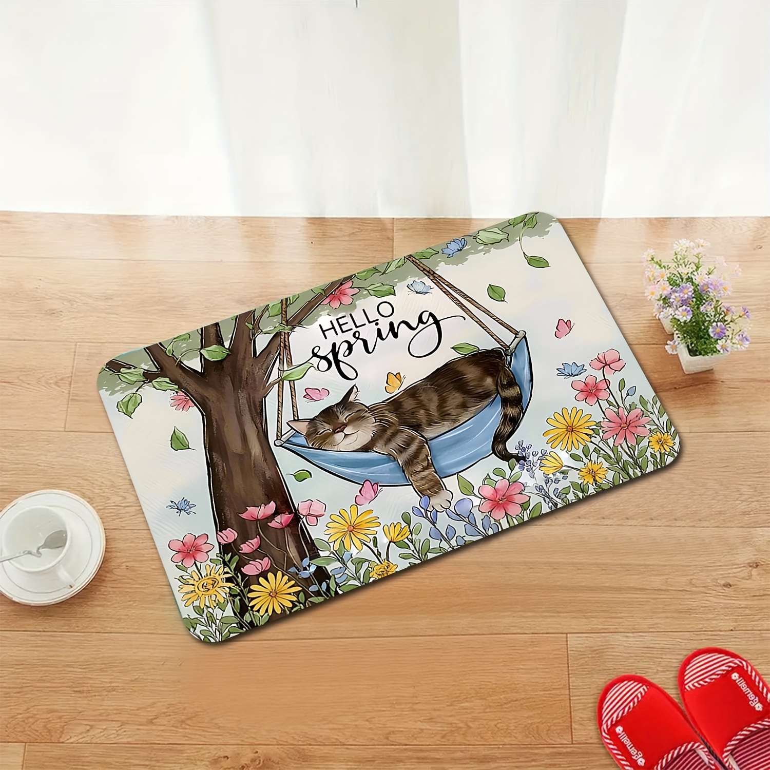TEMU 1pc Tapis de porte à en flanelle haut de gamme avec chat dormant , antidérapant, lavable en machine, ne se décolore pas, adapté pour cuisine,