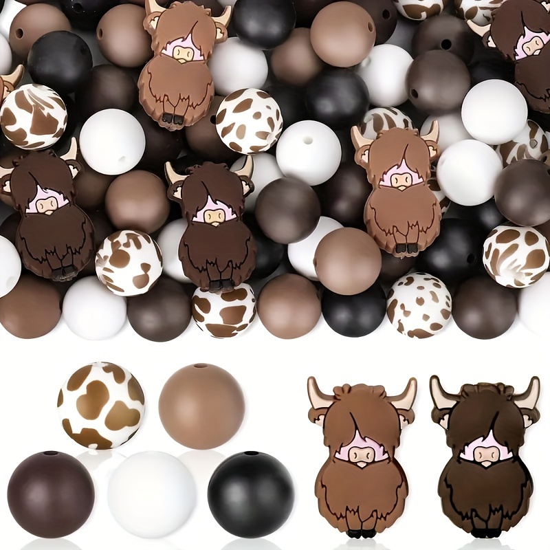 

49pcs Highland Cow Silicone Beads Animal Shape Beads Cow Print Beads Deep Brown Round Spacer Beads For Diy Necklace Bracelet Keychain Gift Crafting