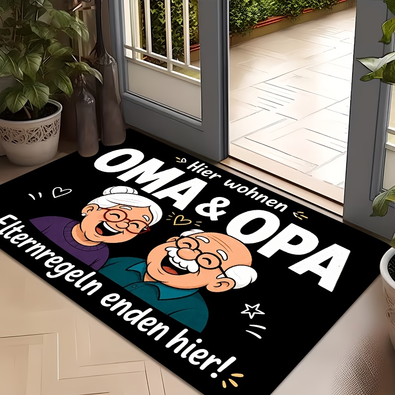 TEMU 1pc, 2d Flat Printing Cartoon Old Couple Text Entrance Doormat, Non-slip Machine Washable Easy-to-clean Polyester Mat, Suitable For Home And
