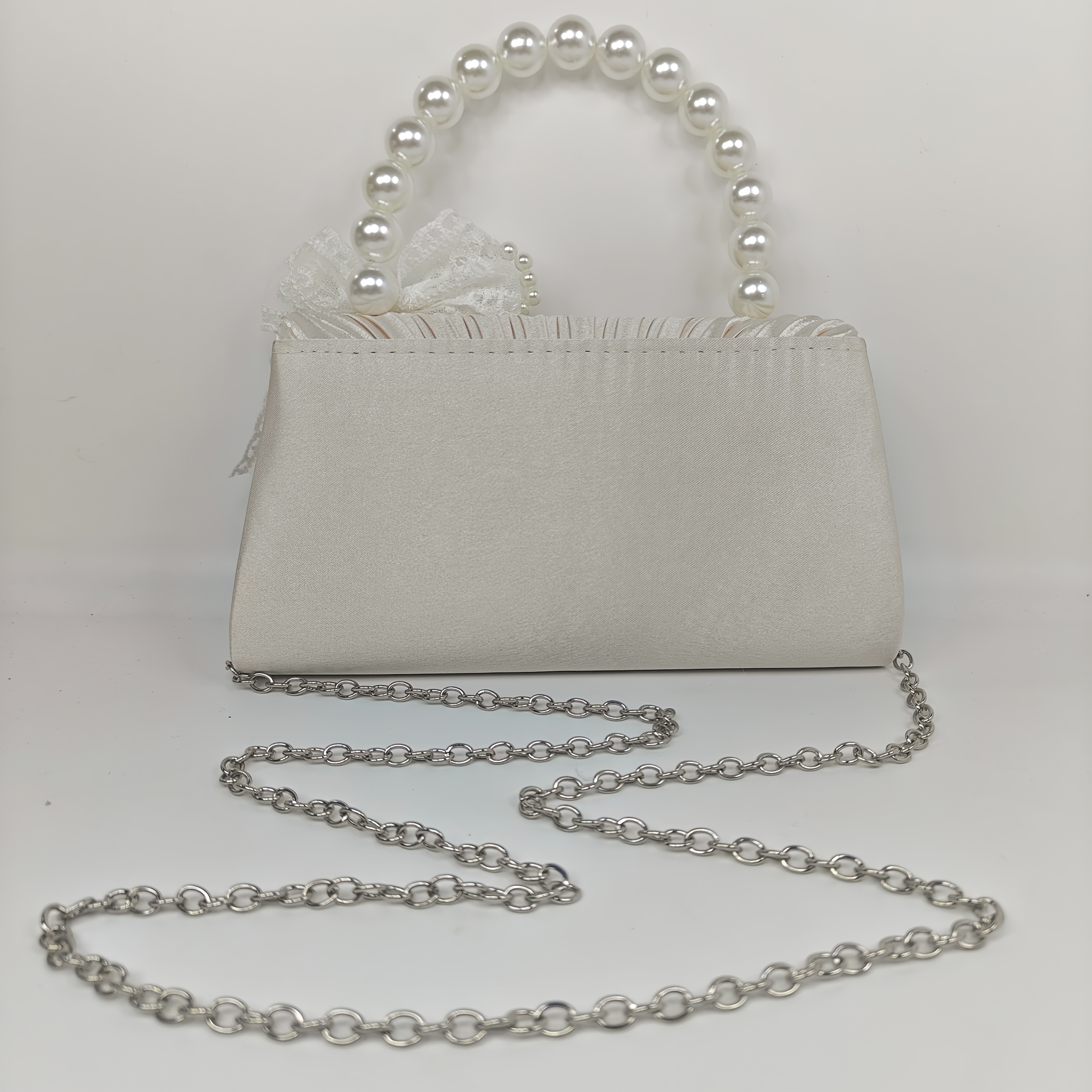 Apricot Satin Pleated Evening Clutch with Pearl Bow