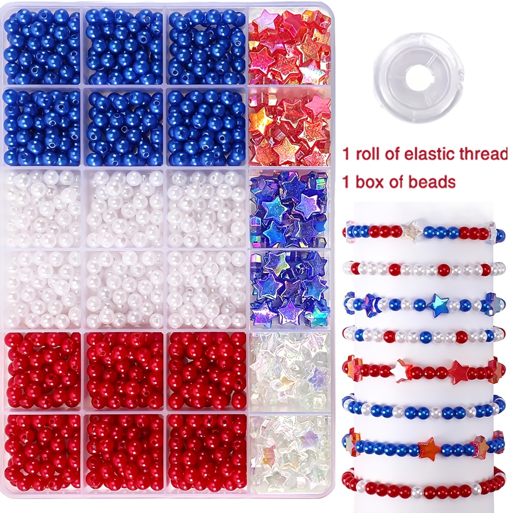 Image of Handmade Jewelry Making Kit: A Box Of 24 Grids Includes 900pcs Of 6mm Round Red, White, And Blue Beads + 90pcs Of 11mm Pentagram Beads + Elastic Thread
