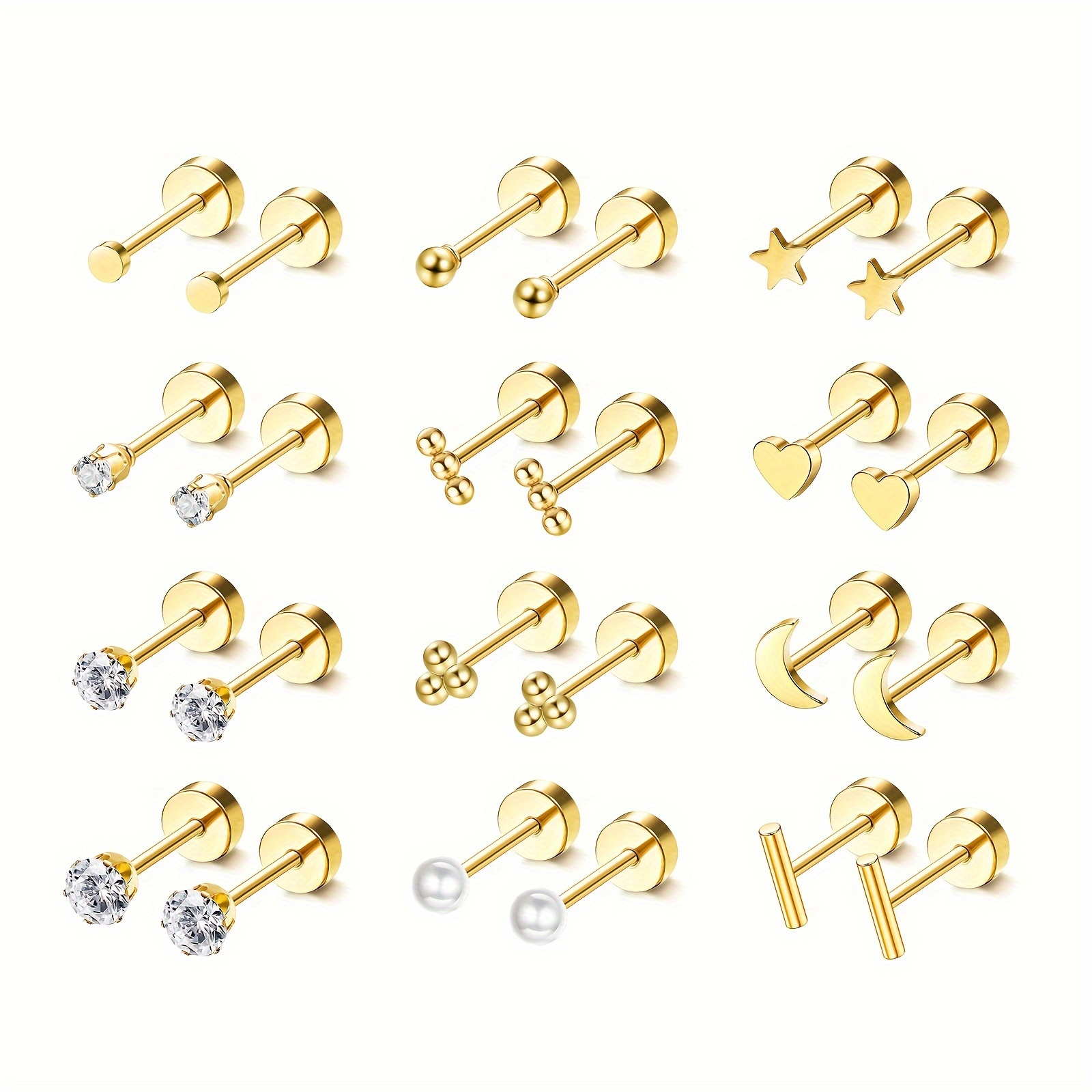 

24 Pieces Of 20g Hypoallergenic Stainless Steel Flat Back Earrings