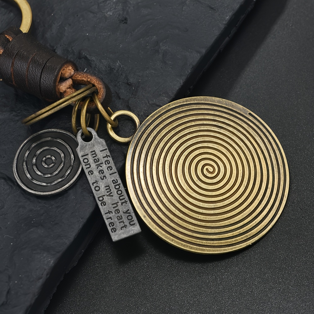 Image of New Popular Creative Keychain From Europe And America, Small Gift For Men And Women, Alloy Vintage Brass Tree Ring Pattern, Vintage Braided Leather Pendant
