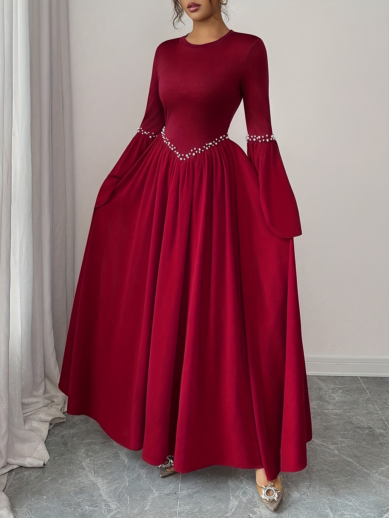 womens elegant long sleeve a line maxi dress with round neck waist cinching burgundy red formal evening gown for weddings Product details 1
