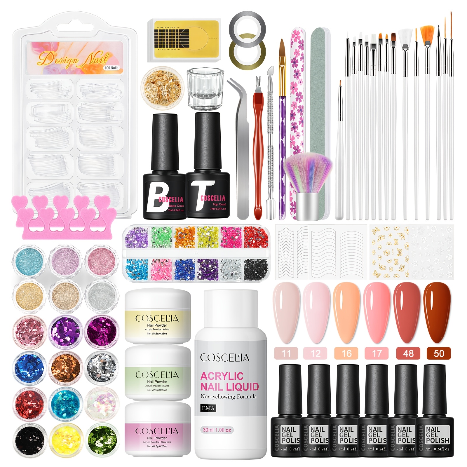 Image of Coscelia Acrylic Nail Kit With Gel Nail Polish Base 3 Colors Acrylic Powder Acrylic Liquid Nail Glitter Powder Full Manicure Tools Acrylic Supplies Kit Nail