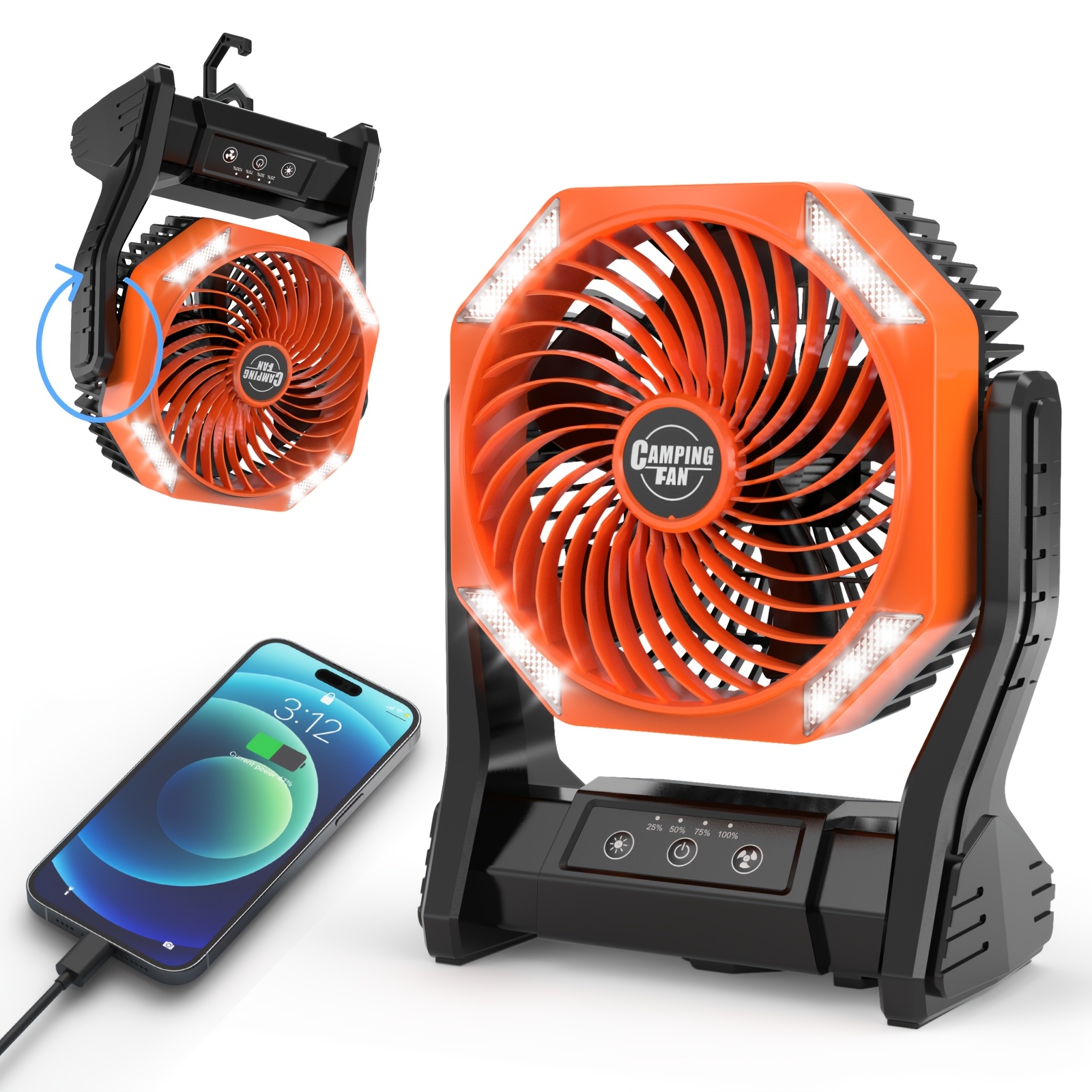 TEMU 20000mah Camping Fan With Led Light, Adjustable Brushless Motor, 270&deg; Rotatable Portable Outdoor Fan, 22-26 Hours Long , Long Lasting Outdoor Cooling Fan Cooling Fan For Camping Gym Sports Events