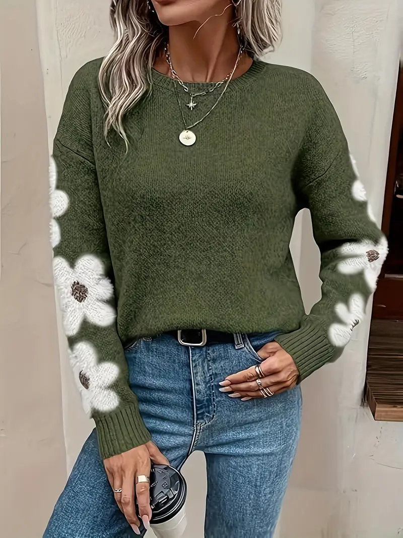 floral patterned crew neck knit sweater elegant and chic polyester blend knit fabric 359 g m Product details 9
