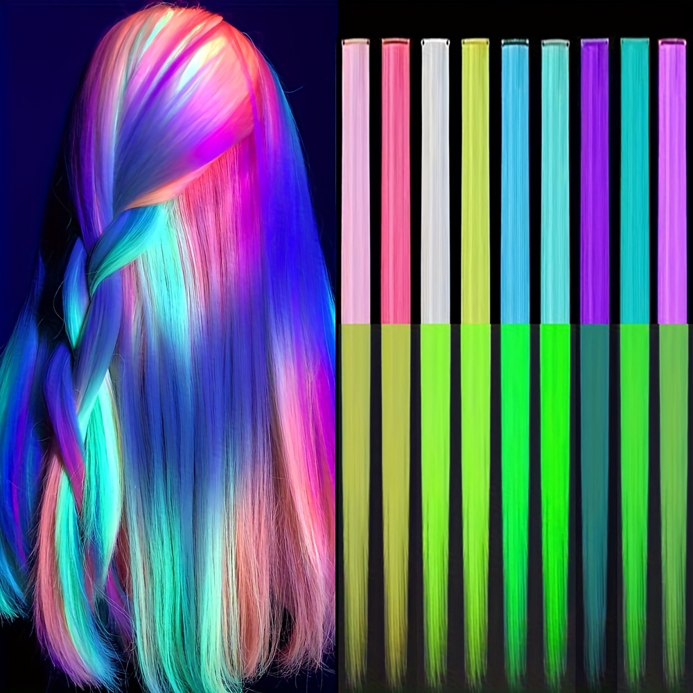 E-shop Leuchtende Haarclip-Verlängerungen, ein Set aus 9 fluoreszierenden, synthetischen Ergänzungen für Perücken, Neon-Haarspangen, die einfach