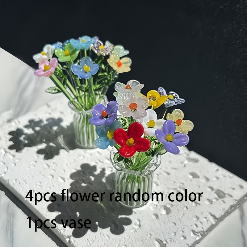 TEMU 1/5pcs Mini Glass Flower Decoration Random Color Hand Blown Glass Flower Figurines Collectible Ornaments With Vase For Mothers Day Birthday