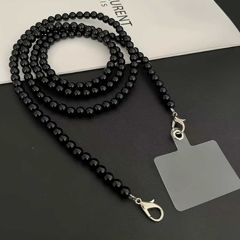 E-shop Verstellbares Schwarzes Perlen-Handylanyard - 120 cm, Diebstahlschutz-Gurt mit Patch, zu allen Handyhüllen, Langlebig & Stilvoll,