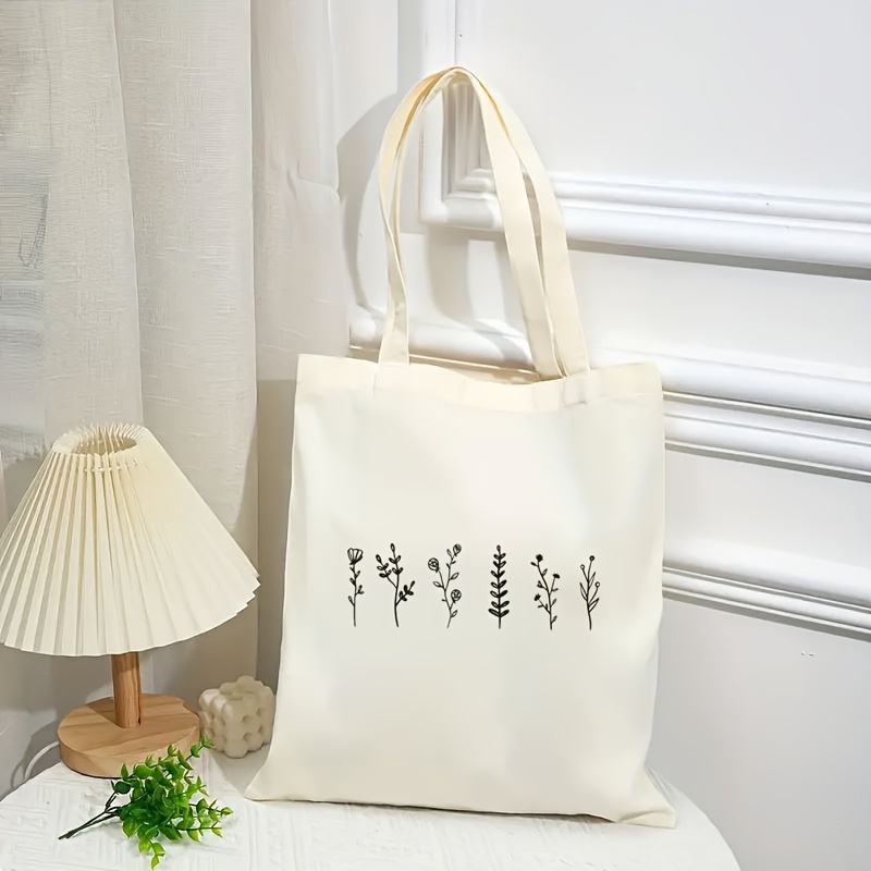 

1pc Canvas Tote Bag With Botanical Print, Beige Large Capacity Bag For Shopping & School Supplies, Countryside Style Bag