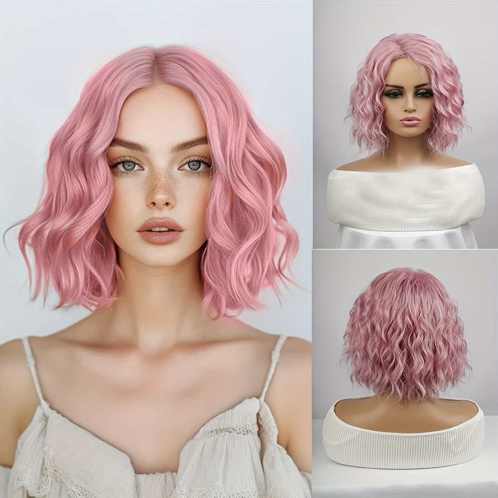 Image of Hair 10 Inch Pink Curly Wig, Bob Synthetic Wig, Suitable For Daily Use And Parties, , Halloween