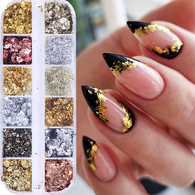 Image of 12-grid Box Golden And Silvery Foil Nail Art Decorations, Foil Nail Additions Patches Sequins, Home Nail Salon, Nail Art Supplies For Women And