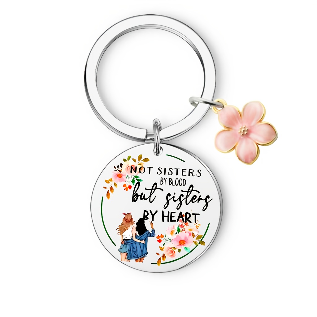 E-shop Modischer "Painted Sisters" Freundschafts-Schlüsselanhänger aus Edelstahl, "Letter Sister" Schlüsselanhänger mit Blumenverzierungen, perfektes
