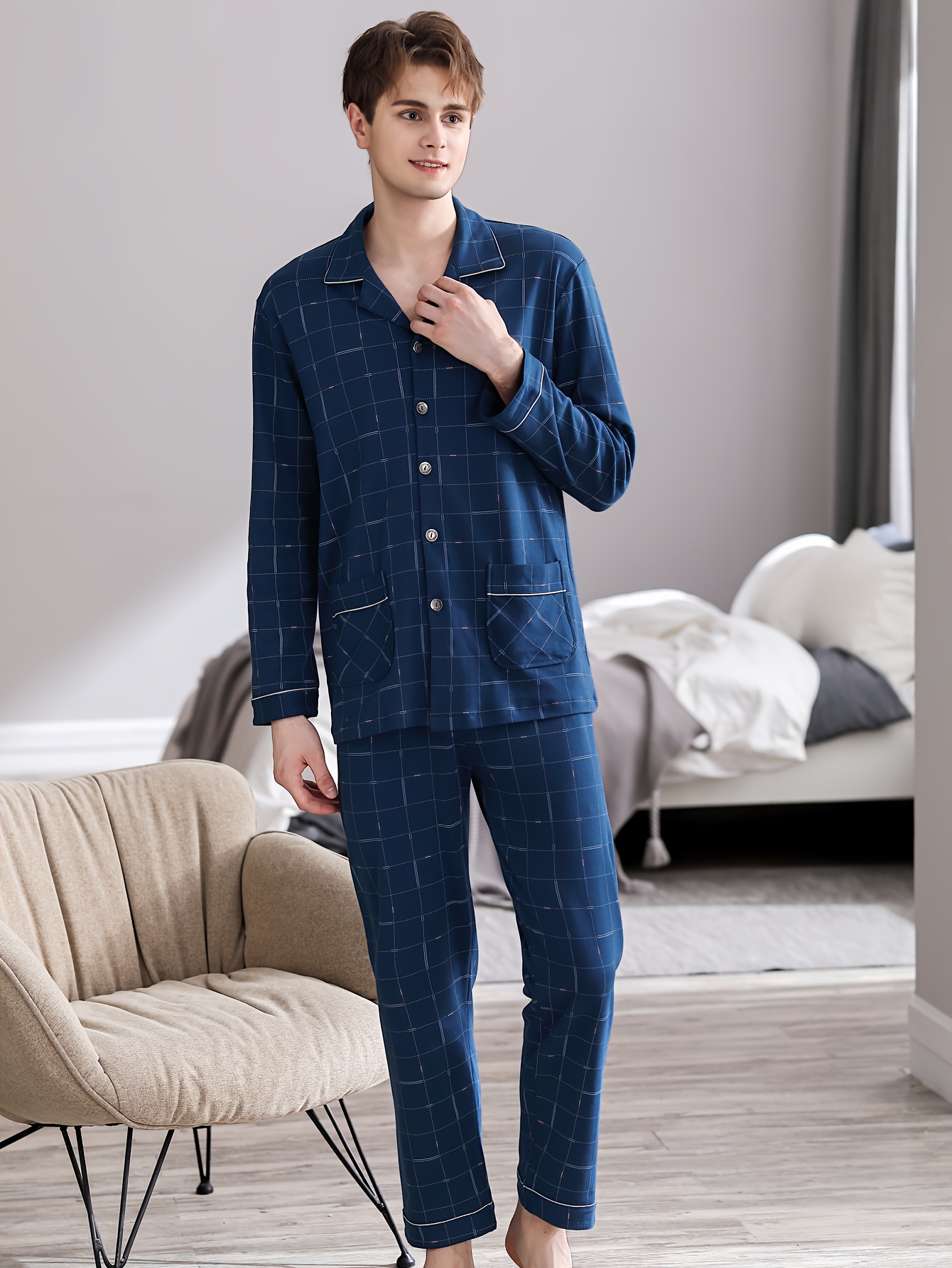 1set mens 100 cotton pajama set geometric pattern spring Temu Poland