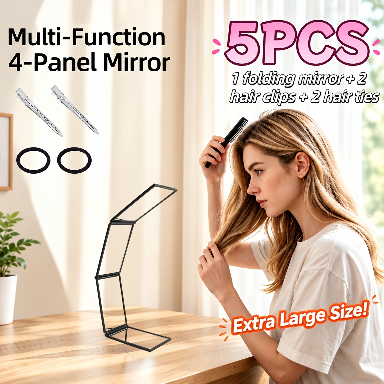 TEMU 5pcs (4-sided Folding Makeup Mirror And 2pcs Hair Clips And 2pcs Elastic Bands) 360 Degree Portable High-definition Beauty Makeup Mirror,