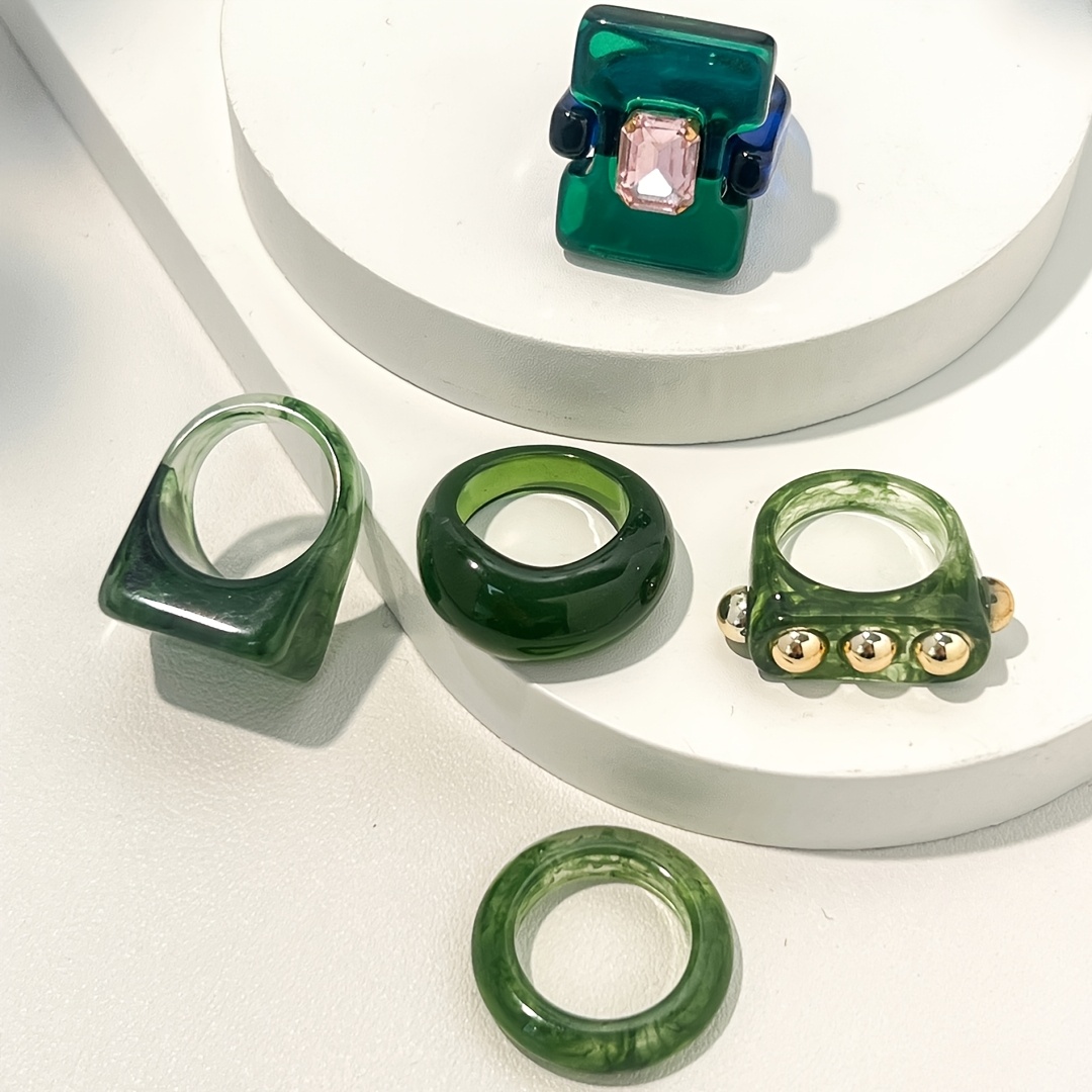 TEMU 5pcs Sexy Dark , Square And Round Vintage Design, High-end Resin Rings For Women (size: 17mm/18mm)