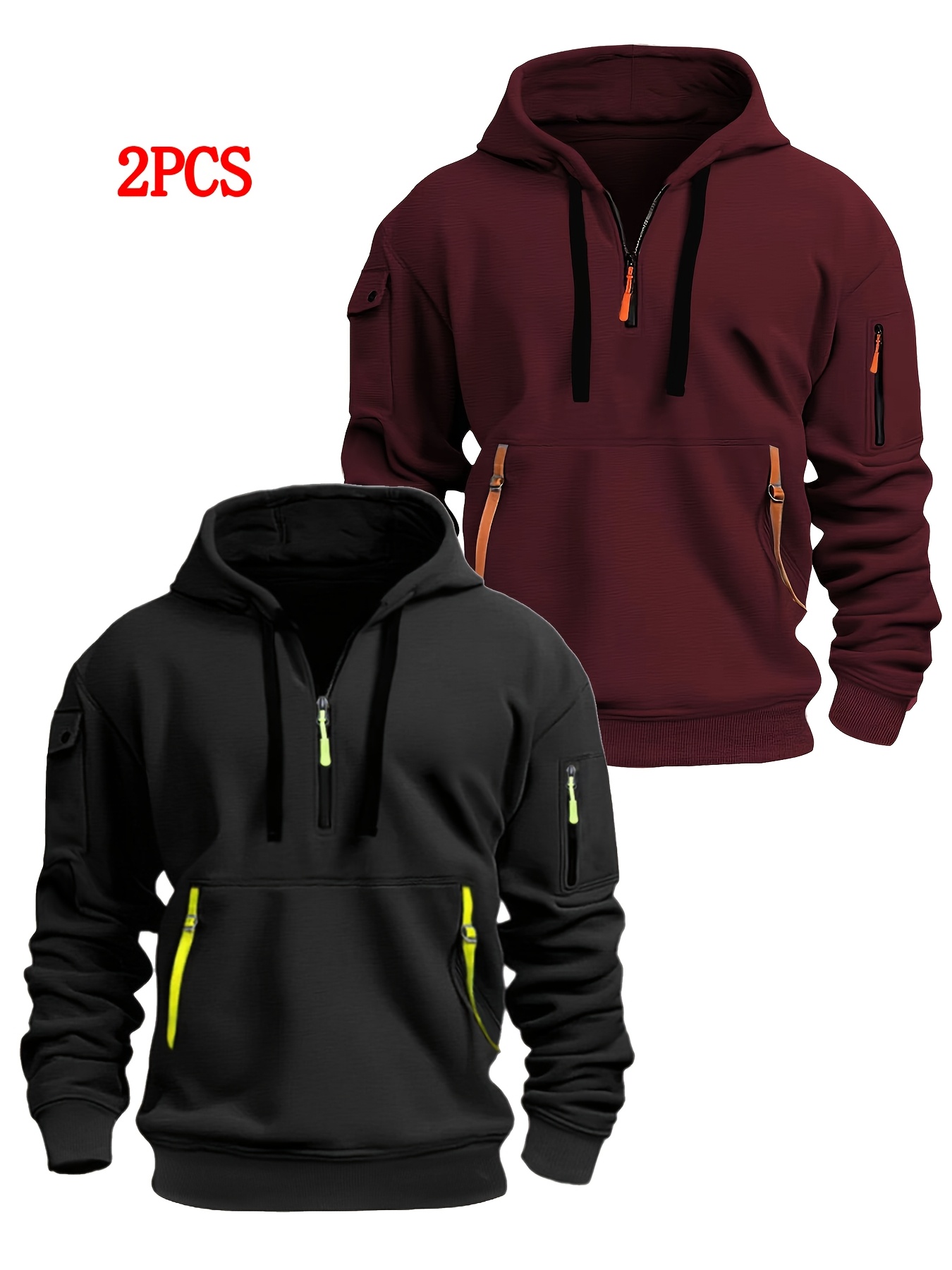 2pcs mens casual hooded sweatshirts 220gsm knit fabric solid color with contrast accents front pockets adjustable hood for hiking outdoor activities autumn   spring festival gift hiking gear winter casualwear   sweatshirt knitted texture