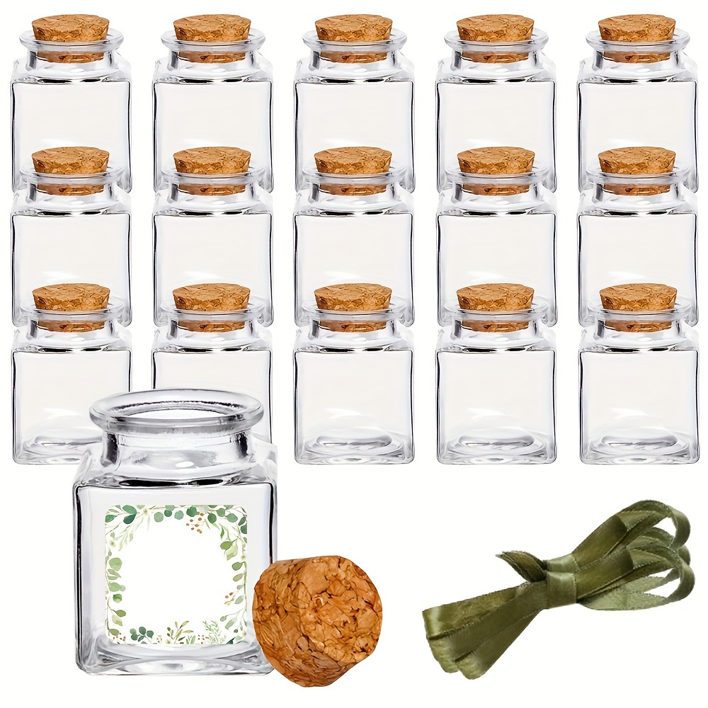 

16pcs Mini Glass Bottles Set - 1.7oz (50ml) With Cork Stoppers, Ribbons & Stickers For Wedding Favors, Jars, Party Gifts & Showers