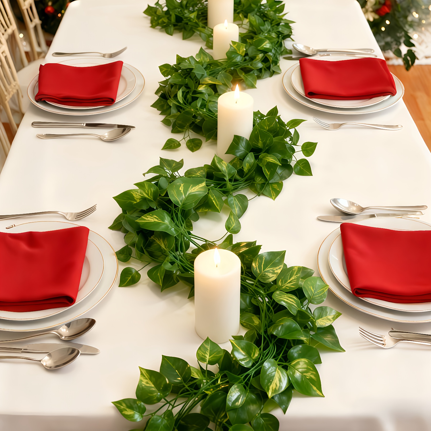 Image of 12pcs Artificial Vines And Plants For Home Decor, Christmas Decor Vines, Outdoor Leaves, Wall Hangings, Green Leaf Wreath Additions, Home, Garden, Wedding, Party, Fake Wreaths