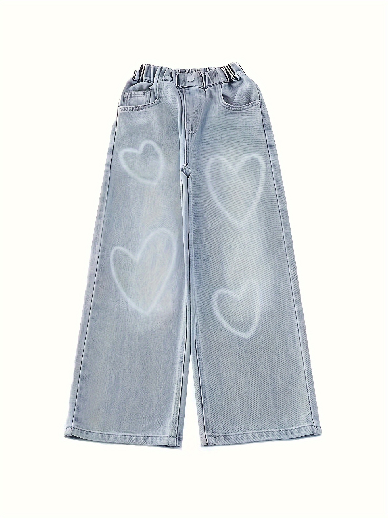 Girls White Heart Print Loose Jeans Fashion Street Wide-leg Pants