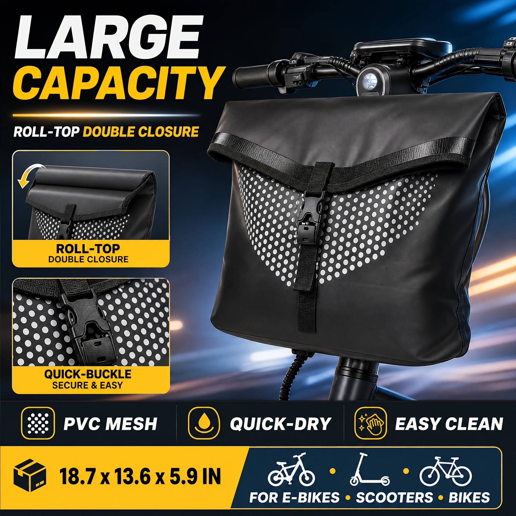 Image of Electric Vehicle Front Storage Bag, Large Capacity Bike Bag, Double Closure, Pvc Mesh Quick-drying, 18.7x13.6x5.9in For Electric Bike Scooter Bicycle Handlebar, Father's Day Gift