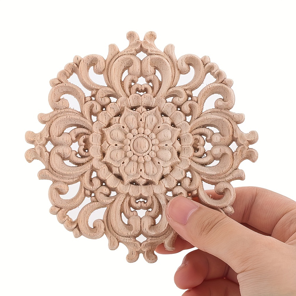 Image of Wooden Carved Appliques Wood Carving Mandala Flower Decal Unpainted Furniture Bed Door Cabinet Decor Decals For Wall Cupboard Mirror Mantel Ceiling Dresser Furniture Project