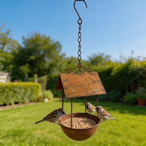 distressed rust colored wrought iron featuring design with a hanging chain this bird feeder and water dispenser serves as a practical bird feeding container and a rustic vintage decor piece