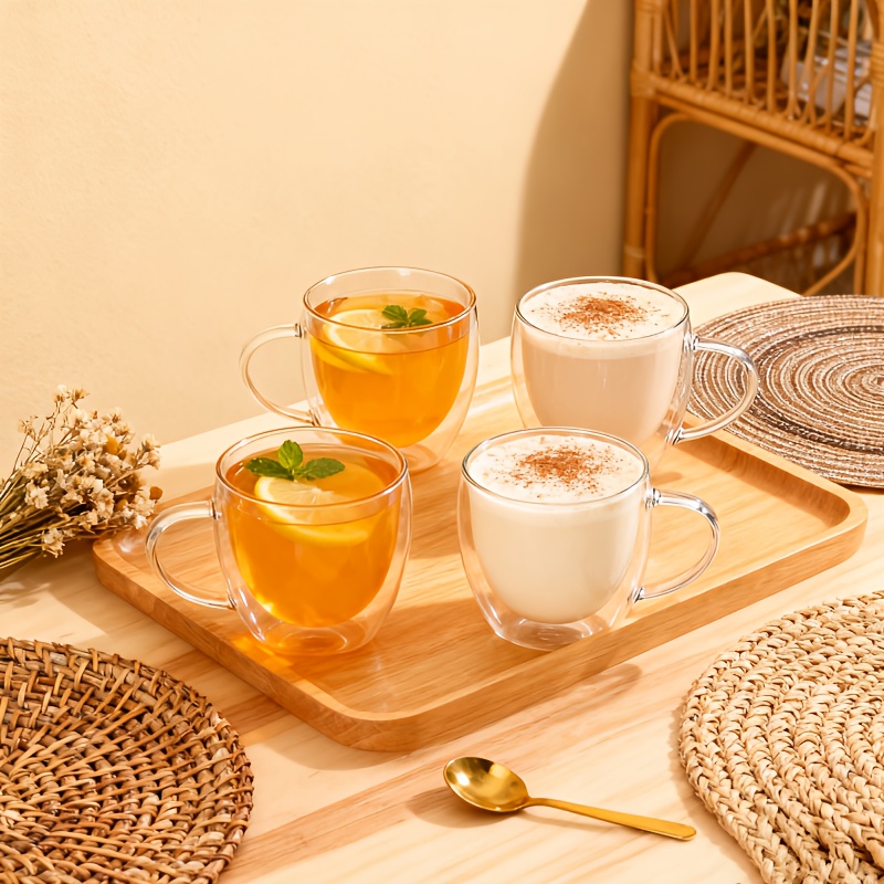 Juego de 2 vasos de pared doble de 250 ml (8.45 oz) con asas, vasos de espresso de vidrio aislado transparentes adecuados para lattes, cappuccinos, bolsitas de té y bebidas frías y calientes