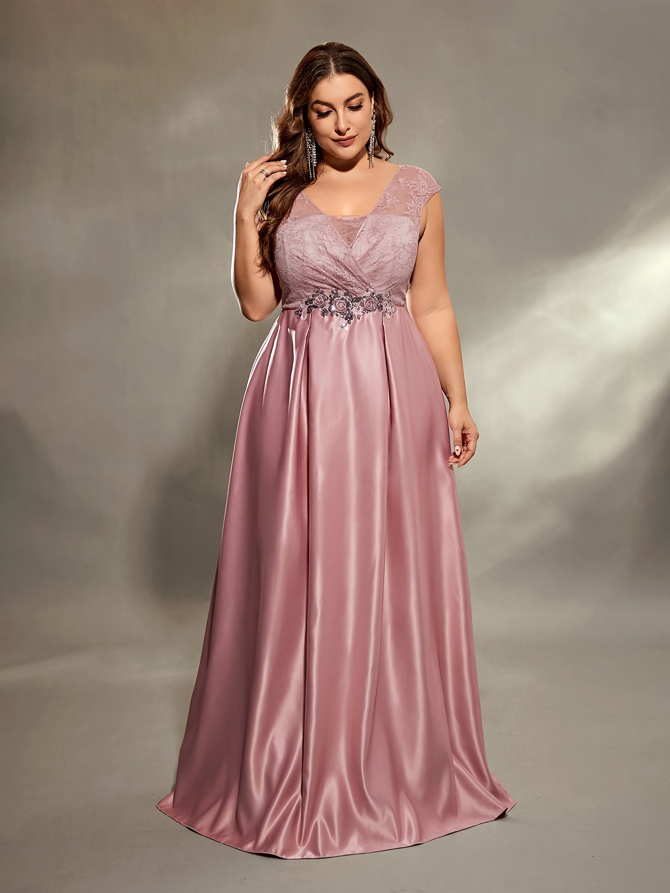 elegant plus size pink satin gown lace detailing ruched - Temu Mauritius