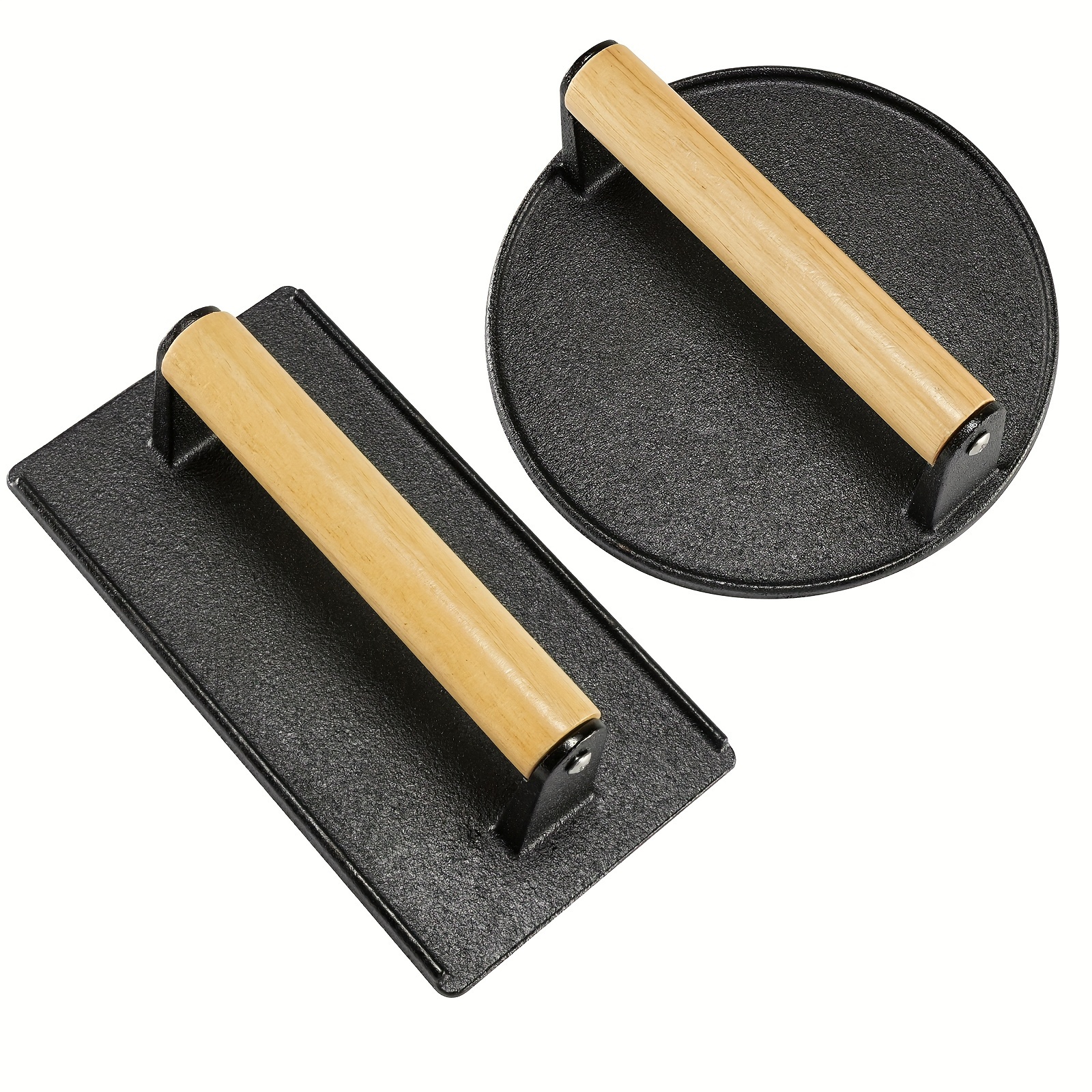 

2pcs Heavy-duty Cast Iron Burger Press Kit 7.08" Round & 8.3"x4.3"rectangle Smash Presses With Wooden Handle-perfect For Griddle, Grill, And Sandwich Cooking