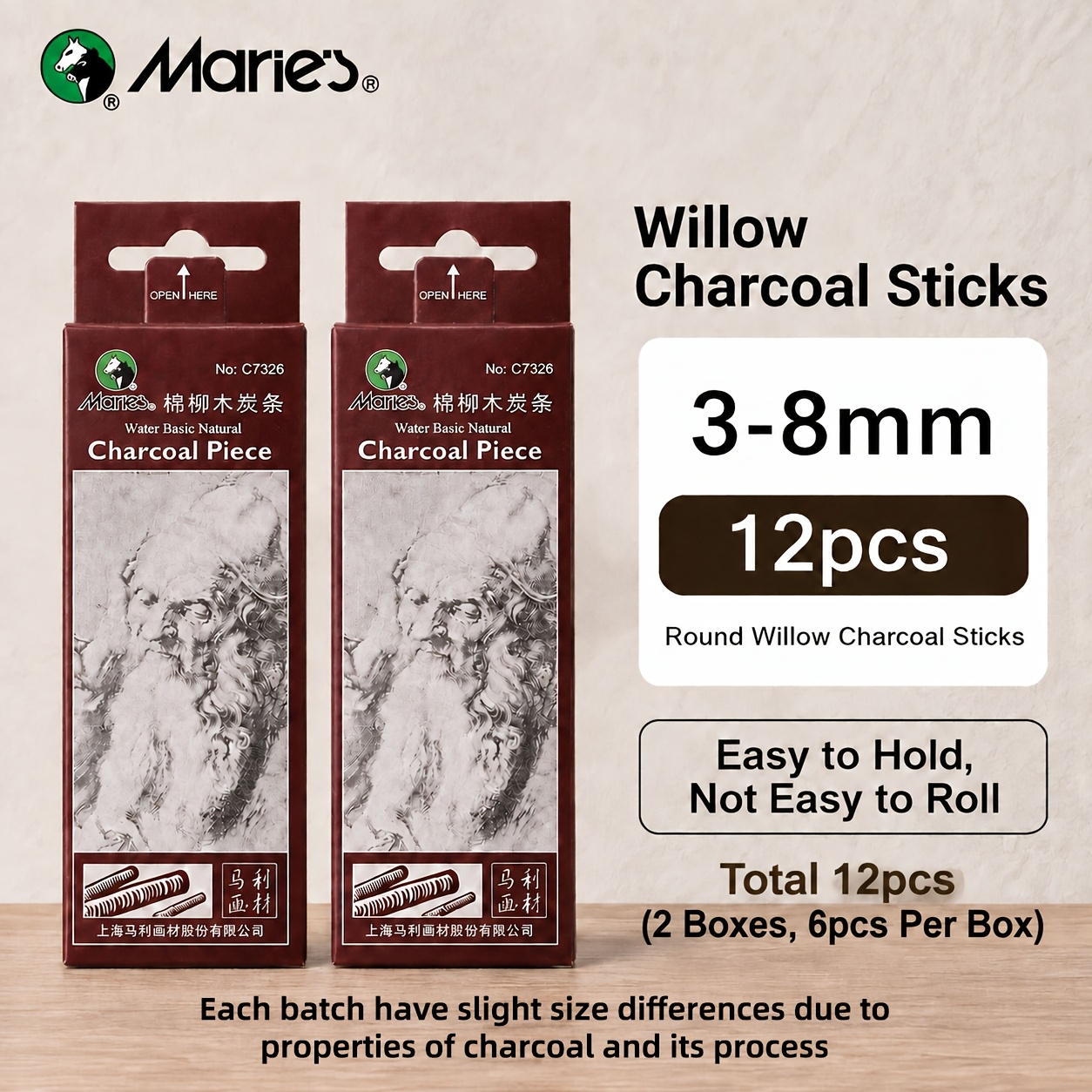 TEMU 12pcs Marie's Willow - Professional Suitable For Sketching, Shading & Blending, 12pcs Round Charcoal Drawing Set With Mixed 3-8mm Sticks For