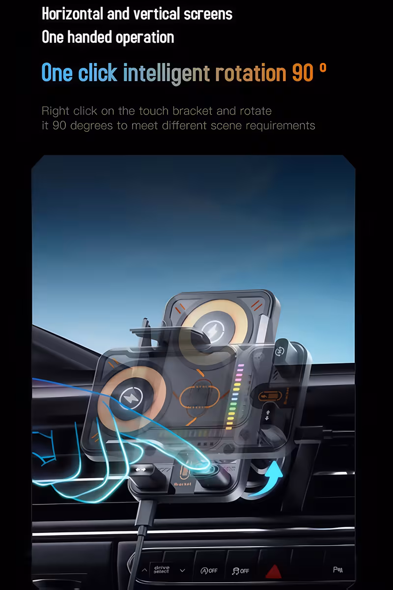 2025 new model car fast charging wireless charger universal phone holder can rotate for horizontal and use with ambient light supports charging wireless charging phones details 2