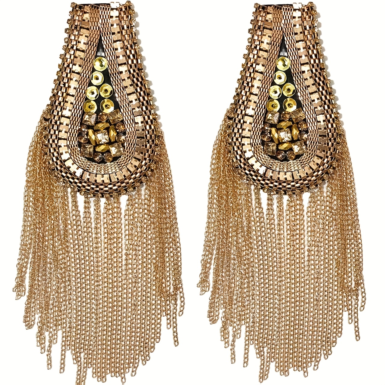 Image of 2pcs Of Exquisite Golden And Silvery Shoulder Badges Accessories, Glass Fringed Chain Shoulder Badges Patches, Diy Outfit Accessories For Formal Performances Featuring Trendy And Retro Shoulder Badges
