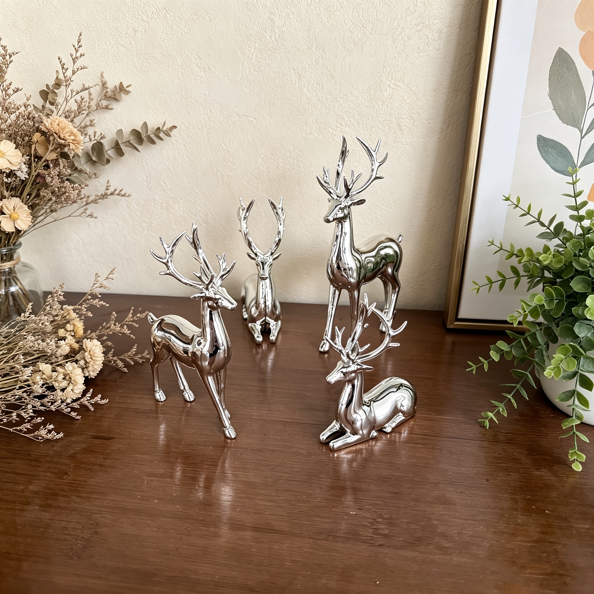 TEMU 4er-Set Weihnachtliche, versilberte Rentier-Ornamente, glänzende metallische Textur Hirsch-Skulpturen, moderne Home-Desktop-Dekorationen für