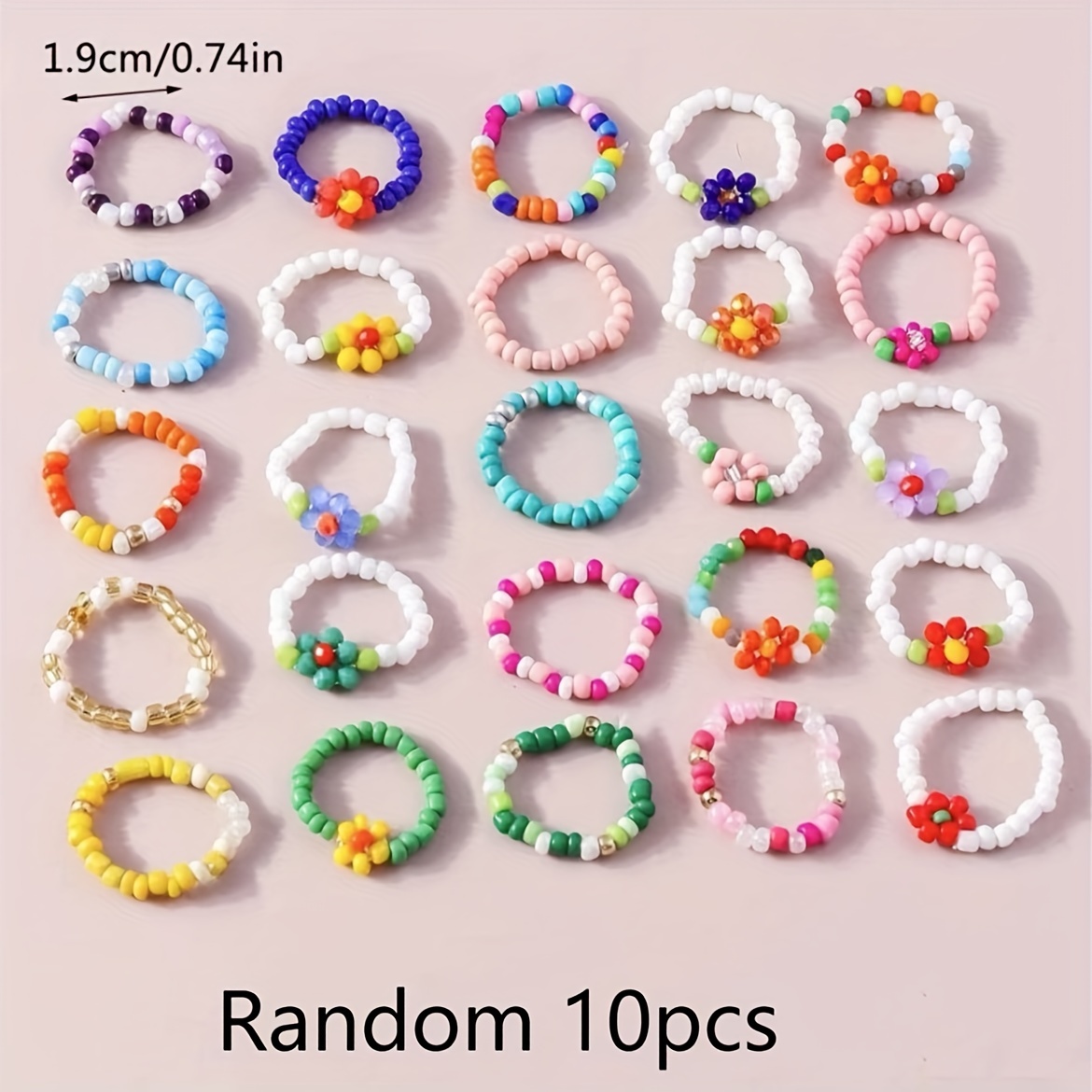 Image of 10pcs Random Fashion Flower Seed Bead Decorated Rings, Bohemian Beach Jewelry Set
