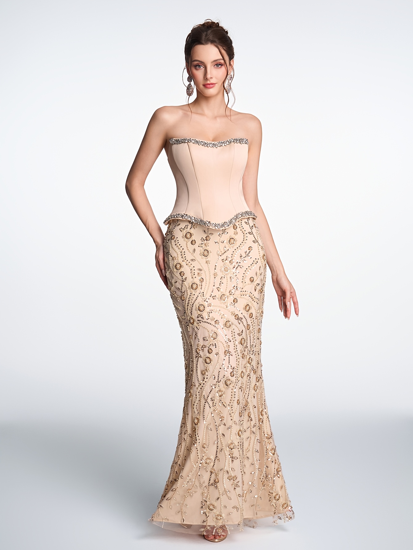 sachin and babi light blue dress Ava Presley 40113 Nude Beaded Tulle Gown with Slit main image 0