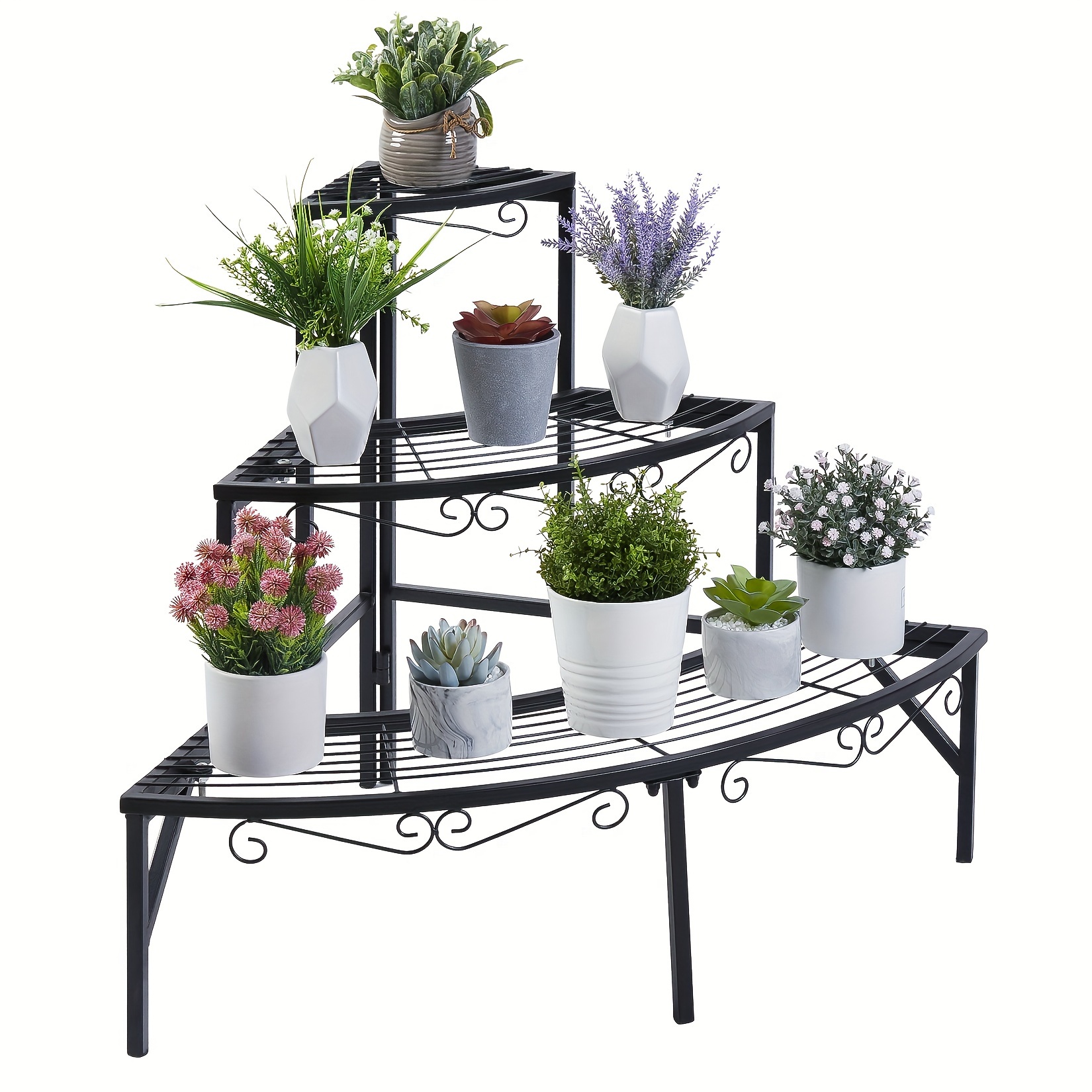 TEMU 3 Tier Ladder Plant Shelves Metal Stair- Corner Shelf Planters, Quarter Round Display Holder For Indoor Outdoor Use (black, )