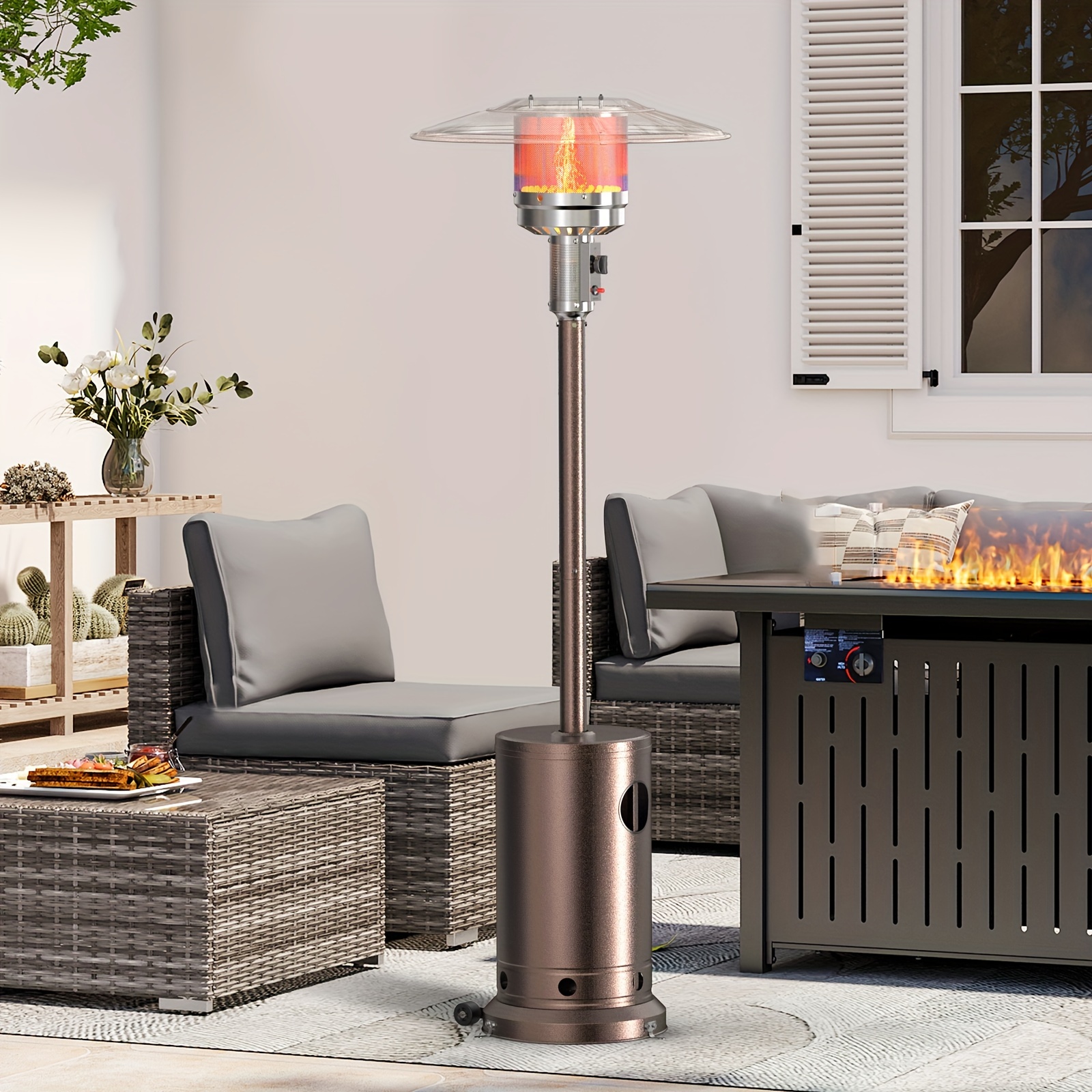 

Propane Patio Heater With Double-layer Burner, 48, 000 Btu Outdoor Stainless Steel Heater With Wheels And Safety For Home Commercial, Brown