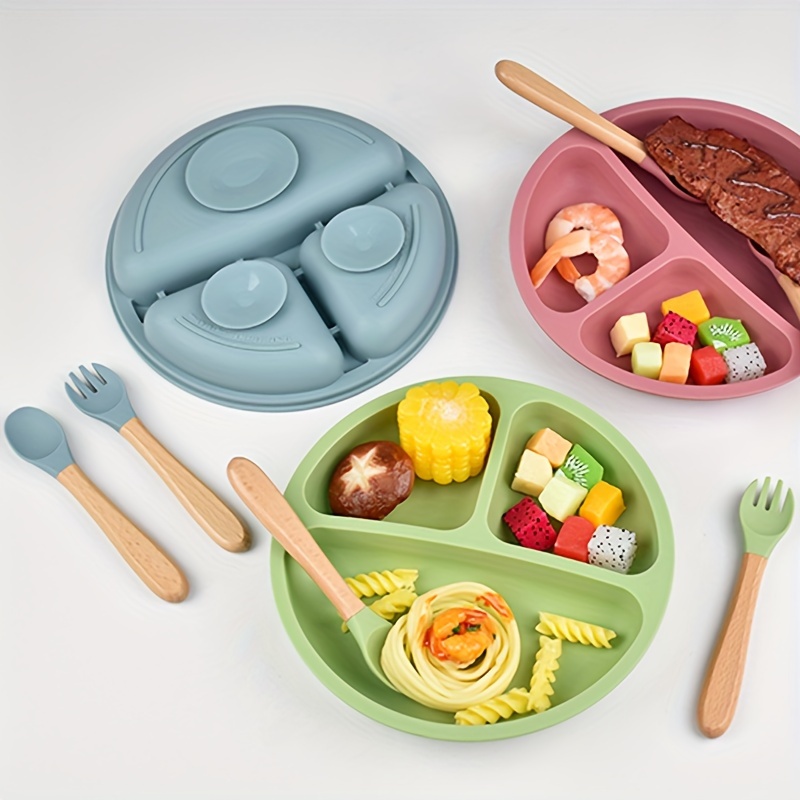 

Silicone Baby Feeding Set 3-piece – Suction Divider Plate With Training For Infants & Toddlers, Bpa-free, Non-toxic Flatware Set For Self-feeding – Mixed Color Suitable For 0-3 Years Old