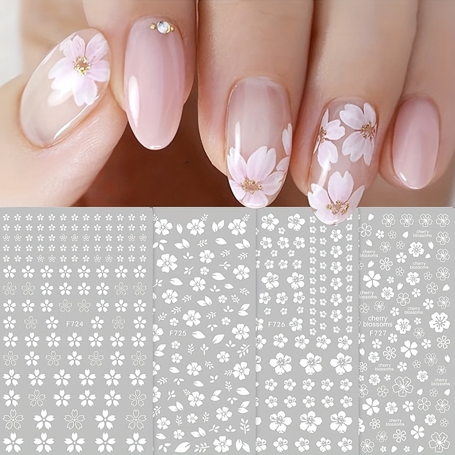 

4pcs 3d Sakura Flower Design Nail Stickers White Cherry Blossom Nail Art Decals Spring Summer Adhesive Slider Decoration Manicure