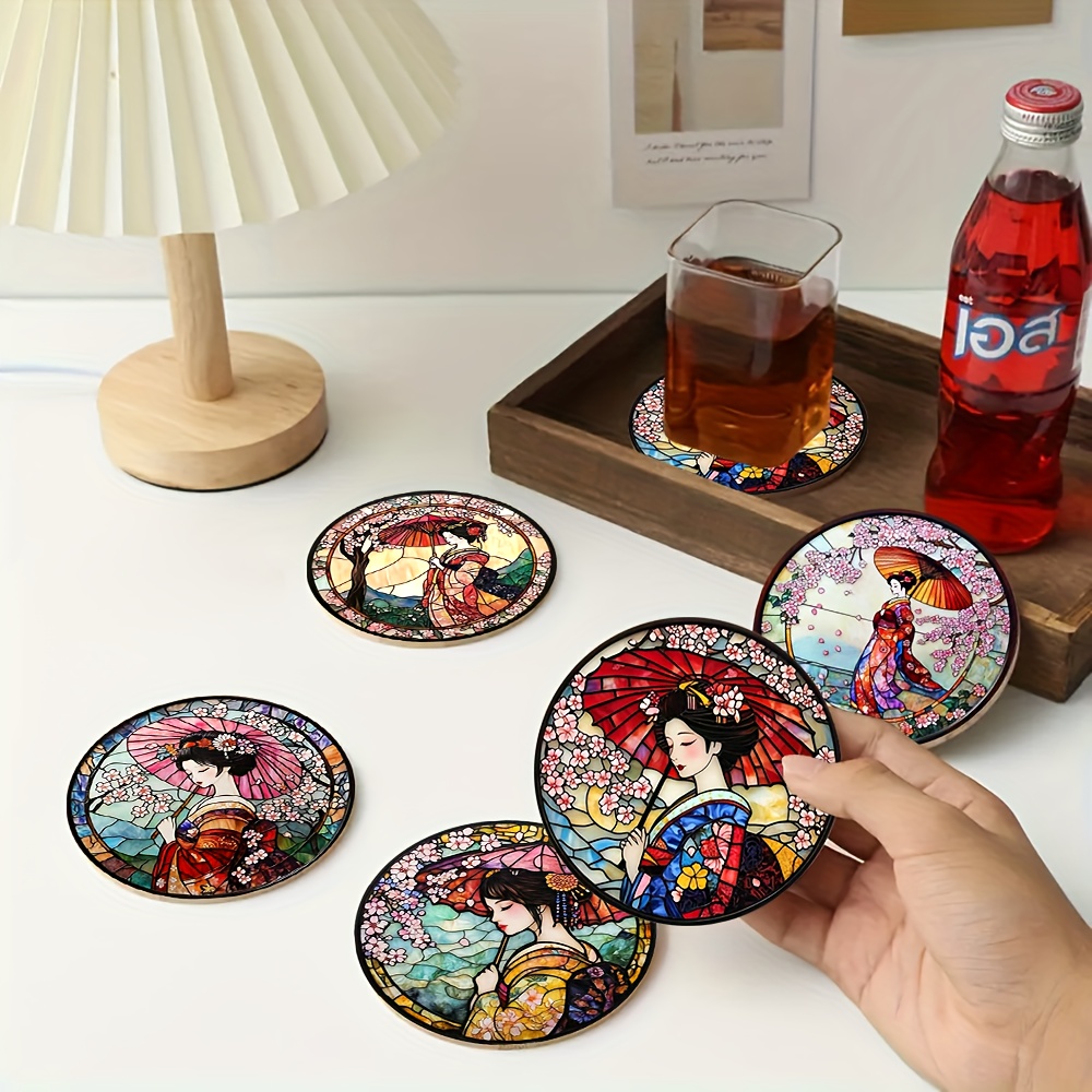 

5pcs Japanese Cherry Blossom Wooden Coaster Set - Heat-resistant, Non-slip Table Mats For Home, Office & Themed Parties, 3.9in