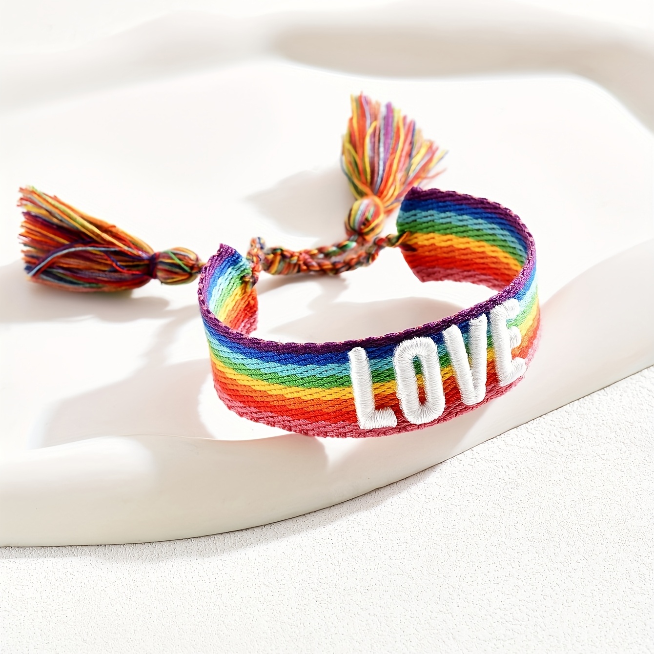 Image of Bohemian Style Letter Embroidery Handmade Tassel Rainbow Cord Friendship Gift Adjustable Valentine's Day Accessory