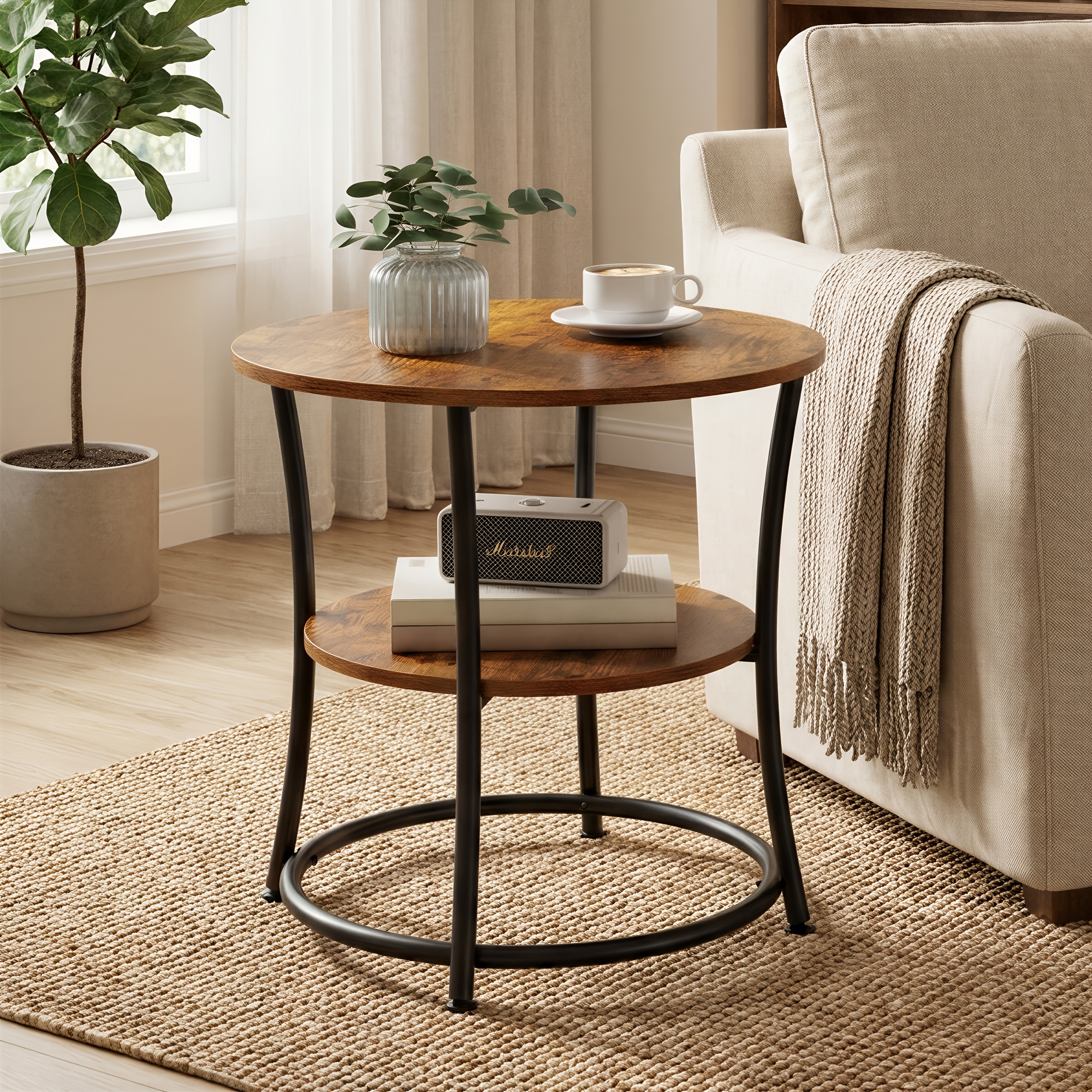 TEMU 2-tier Round Side Table With Walnut Tabletop & / Frame - Rustic Brown Space-saving End Table Suitable For Small Spaces, Bedside Table For Living