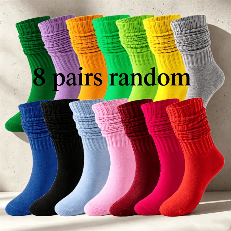 TEMU 8-pair Random Assortment Of Men's And Women's Loose-fit Slouch Mid-tube Socks, Soft Ribbed Pleated Socks, Bright-colored Casual Stacked Socks