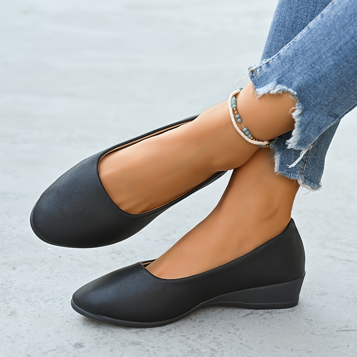 TEMU Women's Round Toe Wedge Flats - Low Heel Thick Sole Work Shoes Suitable For Office, Casual & Casual Attire, Low-maintenance - Comfortable Low
