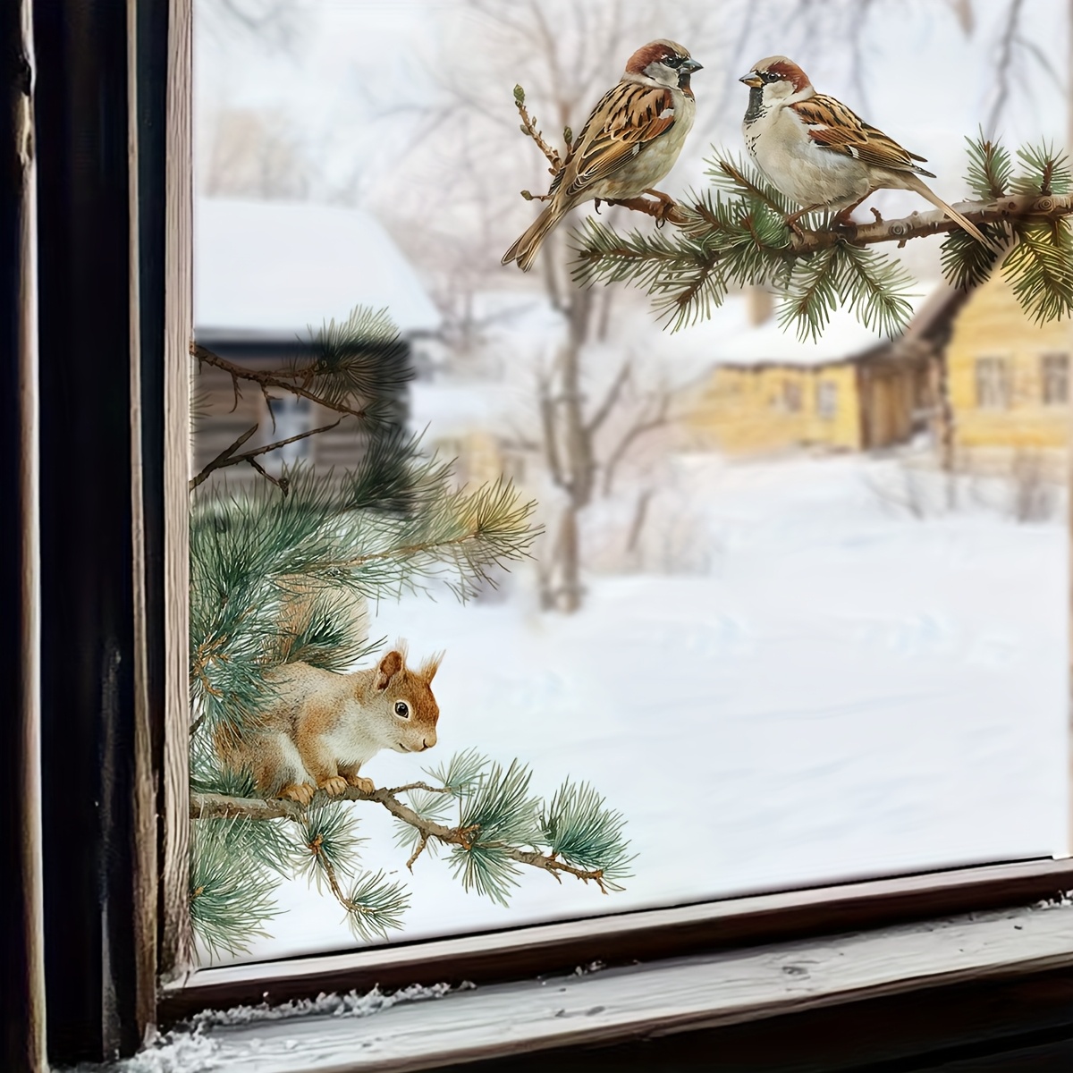 1pc Creative Winter Squirrel And Sparrow Glass Sticker, Realistic Design To Infuse Your Home With Winter